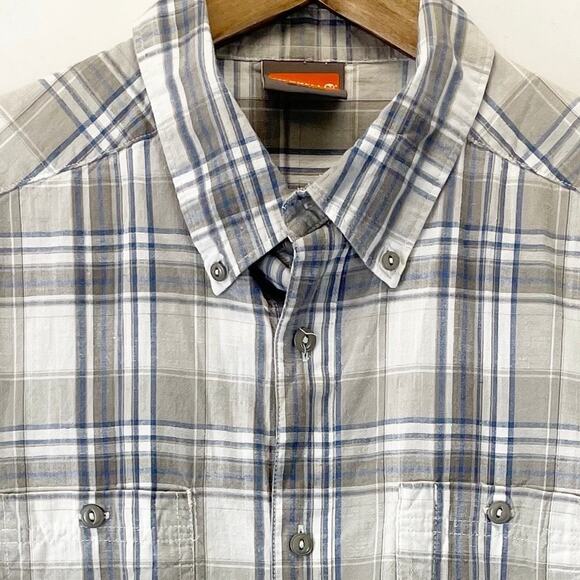 Merrell Boys XL Short Sleeve Plaid Button‎ Down Shirt Tan Blue White Linen Blend - Picture 6 of 8